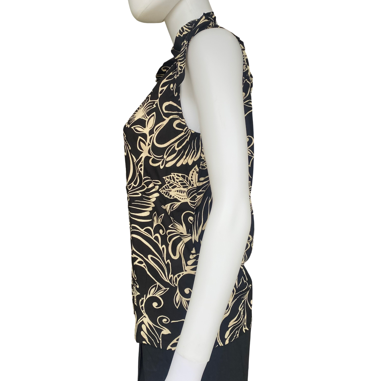 Camicia nera fantasia Astrolabio da donna modello CA6C T68H con nodo alla spalla, blusa elegante e versatile - laterale
