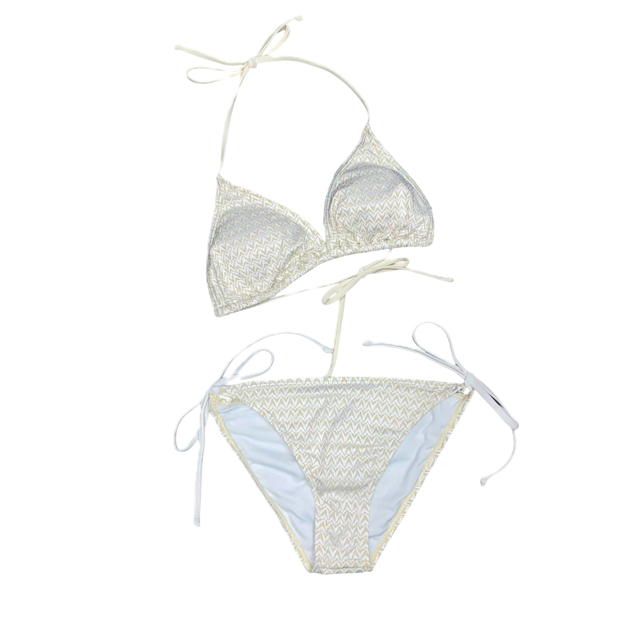 Costume da bagno bianco oro due pezzi Astrolabio da donna modello M78W 011, bikini elegante con dettagli dorati ideale per spiaggia e piscina - frontale