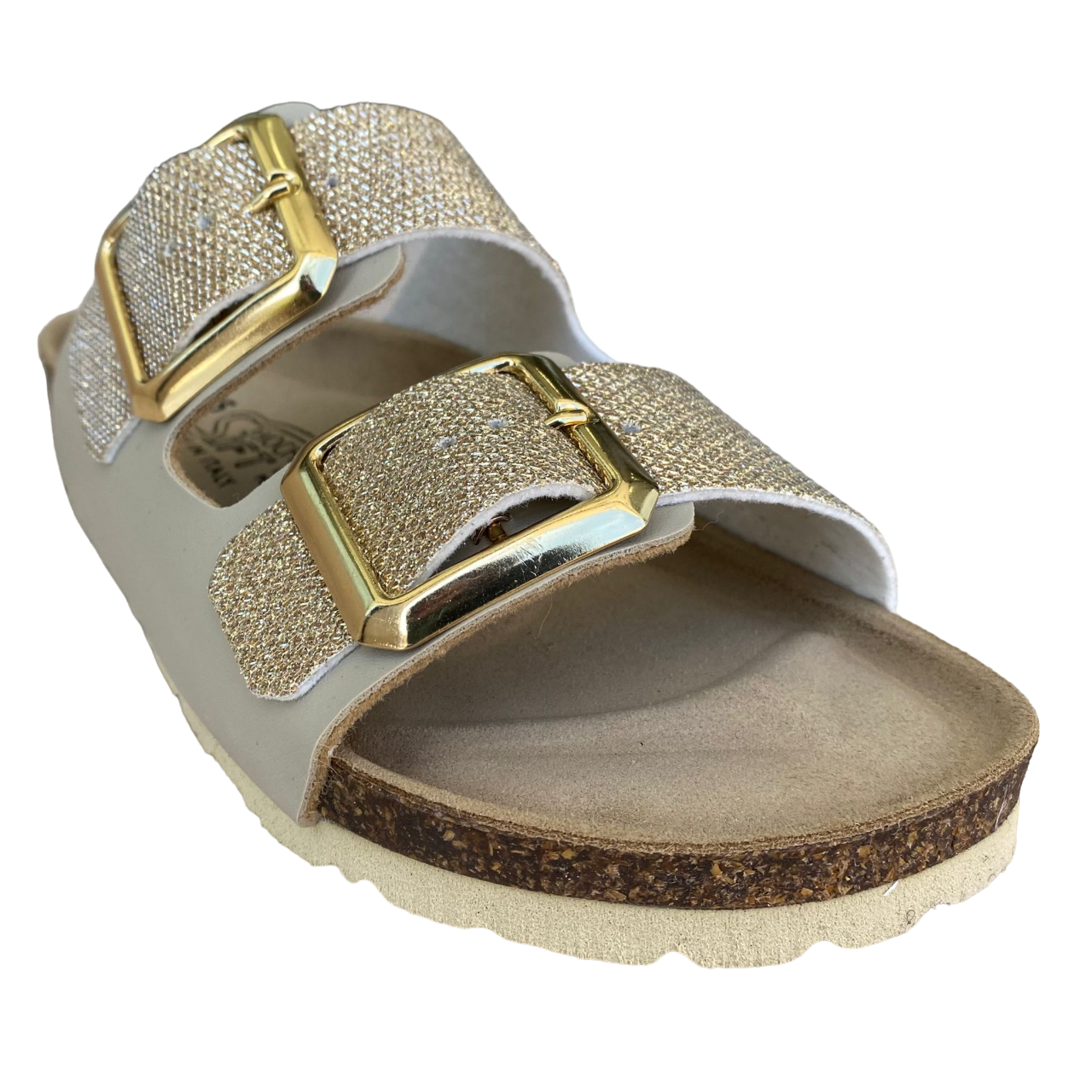 Biochic sandalo da donna con 2 fasce regolabili glitterate e plantare in pelle BC55215Yo oro