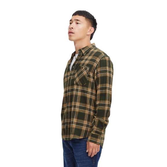 Blend men&#39;s long-sleeved checked shirt in green-brown cotton