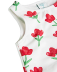 Boboli Pleated jersey dress with flower print for girls 418036 9382 white-red
