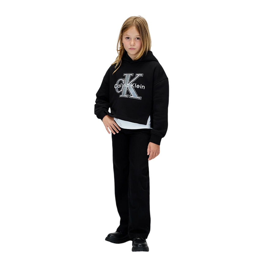 Calvin Klein Felpa con Cappuccio Unisex Junior Festiva Grafica Pile IG0IG03018BHE Nero - vista frontale