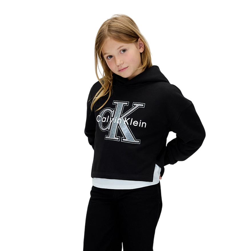Calvin Klein Felpa con Cappuccio Unisex Junior Festiva Grafica Pile IG0IG03018BHE Nero - vista logo