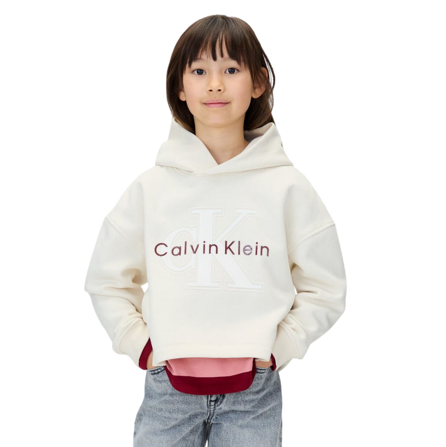 Calvin Klein Felpa con Cappuccio Unisex Junior Festiva Grafica Pile IG0IG03018PGB Panna - vista frontale