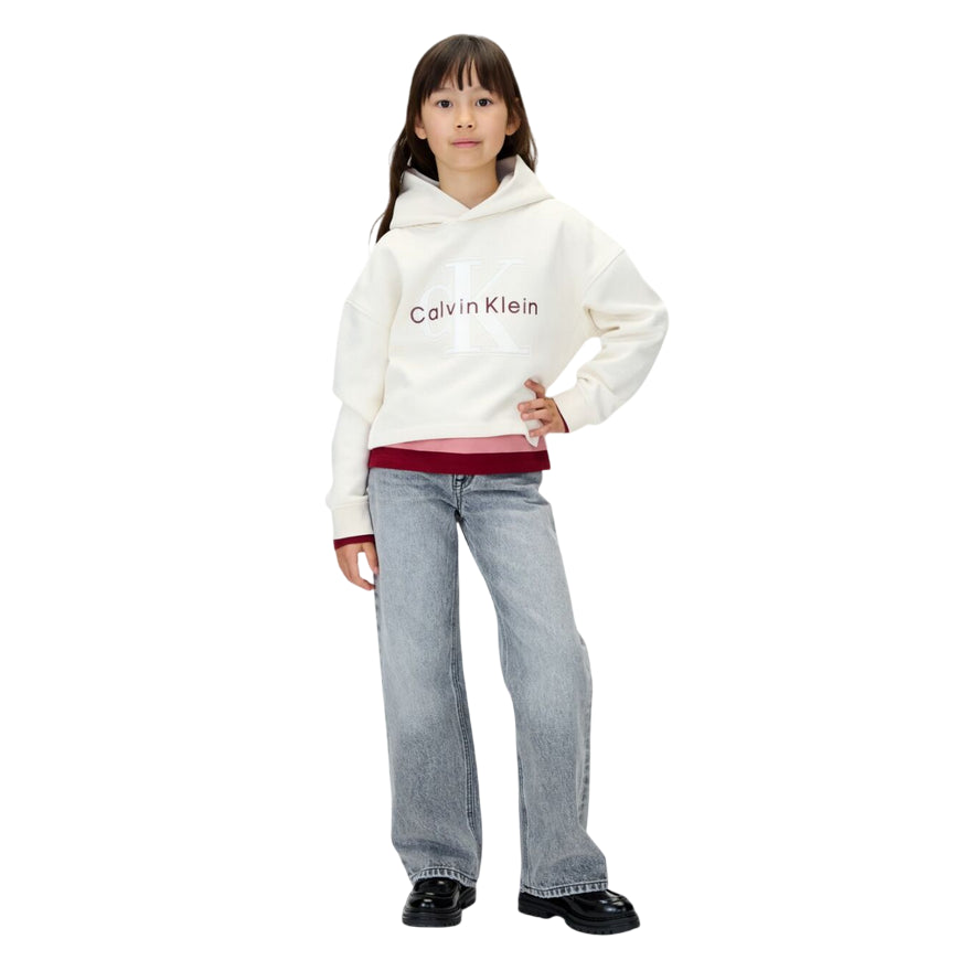 Calvin Klein Felpa con Cappuccio Unisex Junior Festiva Grafica Pile IG0IG03018PGB Panna - vista frontale integrale