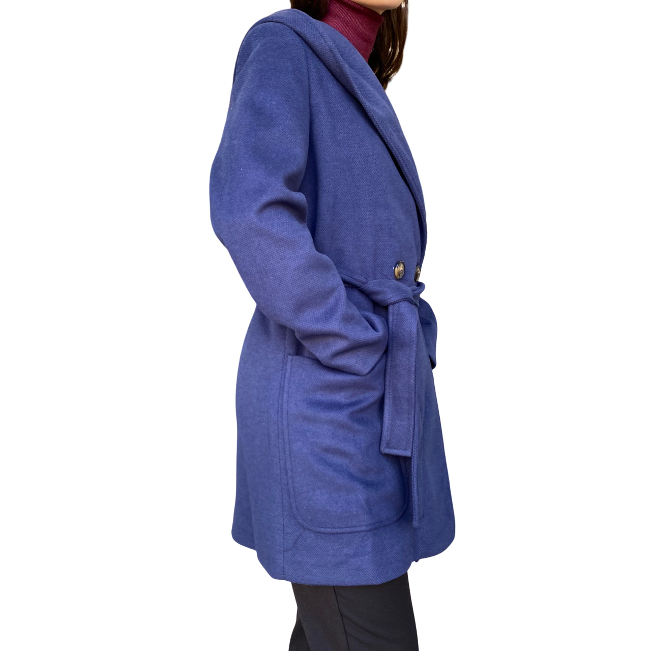 Cappotto Doppiopetto Corto con Cappuccio Donna DGF6055 Blu - laterale