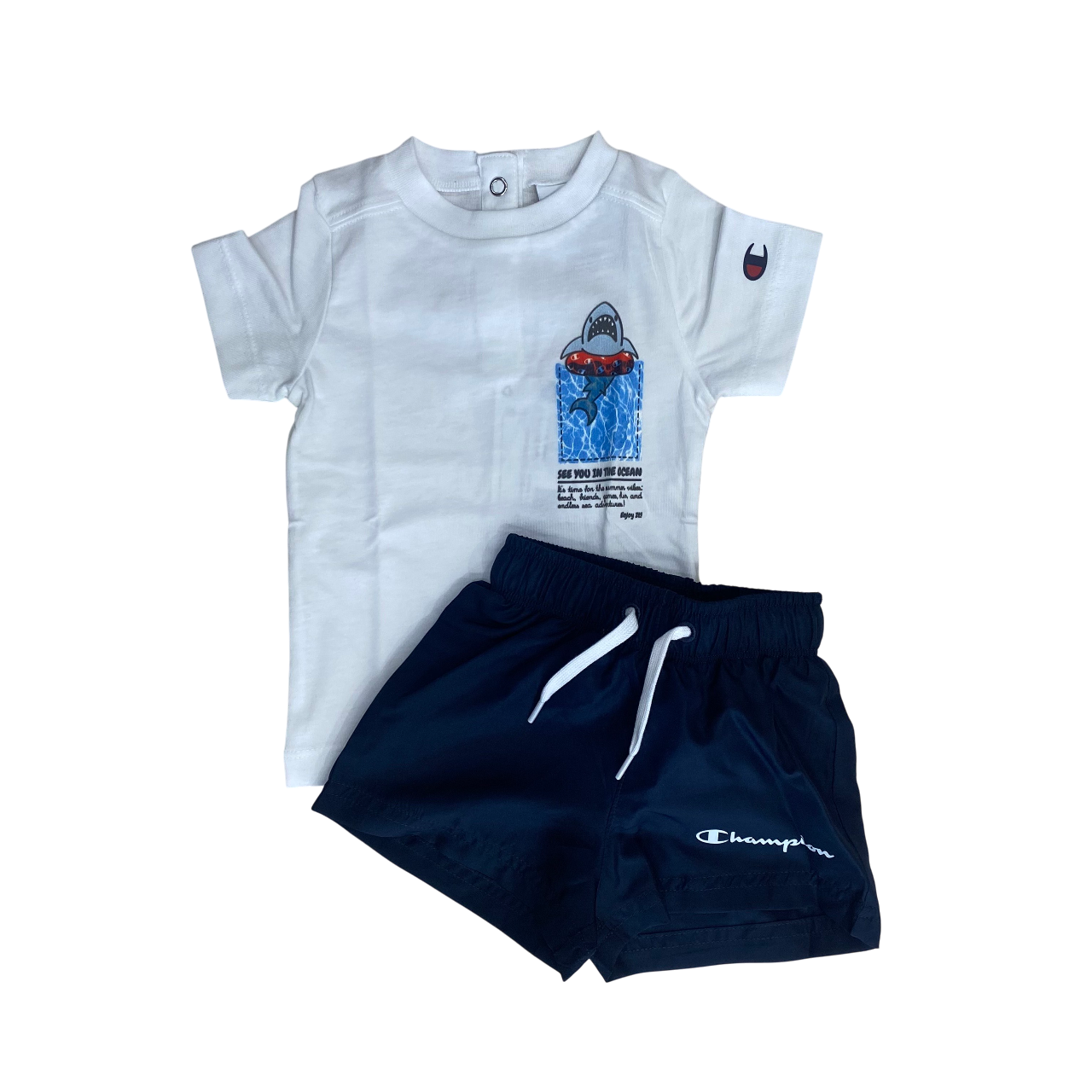 Set estivo Champion per bambini modello 307065 WW001 bianco e blu, completino infant originale - frontale