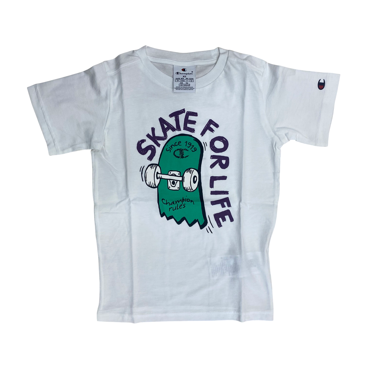 Set skate Champion per ragazzi modello 307063 WW001 bianco e verde, completino junior originale - maglia