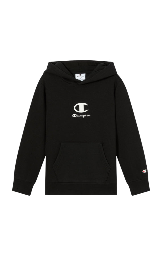 Felpa Champion junior con cappuccio 307395 KK001 nero vista frontale con logo Champion e tasca marsupio per bambini