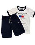 Champion completino da ragazzo in cotone maglietta e pantaloncino 306699 WW001 bianco blu