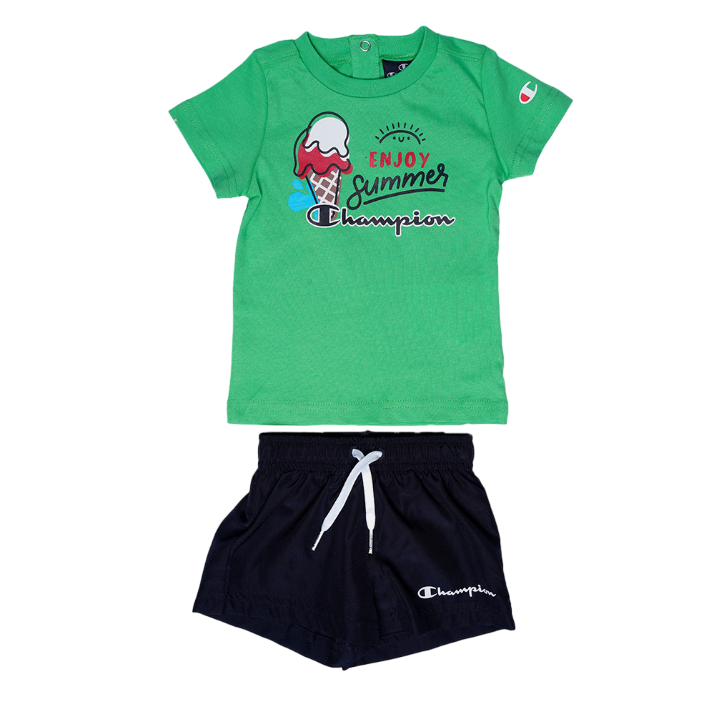 Champion completo da bimbo Legacy Back To The Beach T-shirt Beachshort 306394 GS024 BGE verde-blu