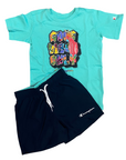 Champion completo da ragazzo maglietta manica corta e pantaloncino Boxer mare 306792 BS049 verde smeraldo-blu