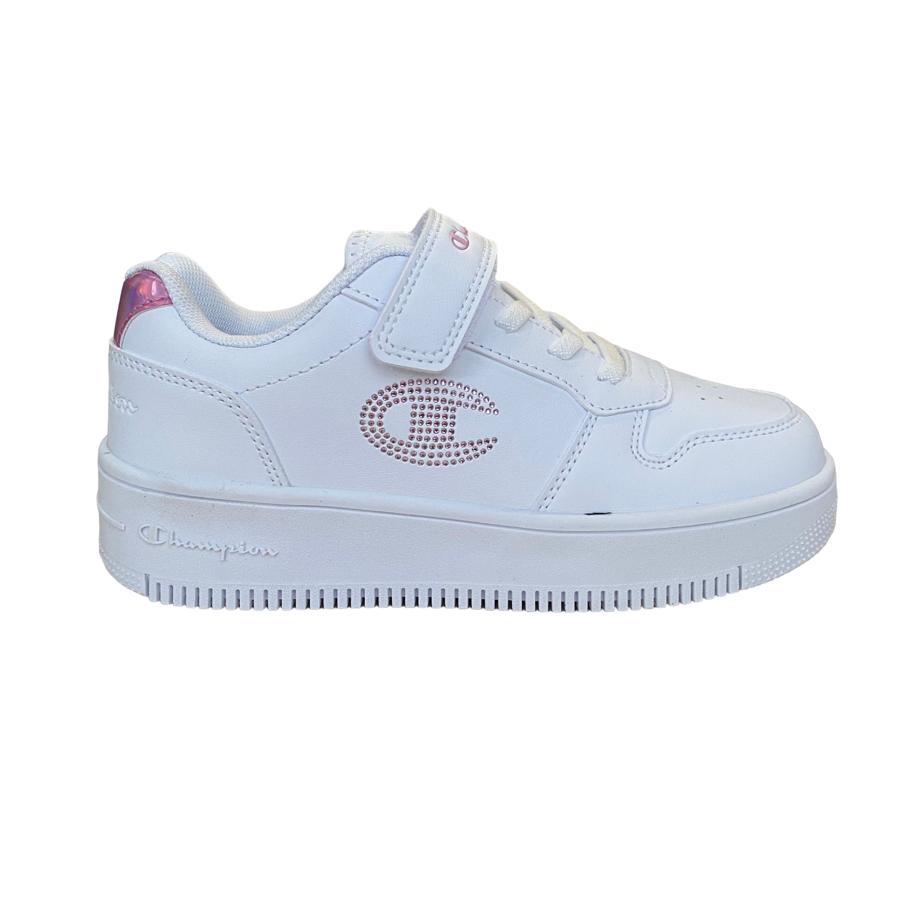 Champion scarpa sneakers da bambina con logo glitterato laccio elastico e velcro S32830-WW010  bianco-rosa