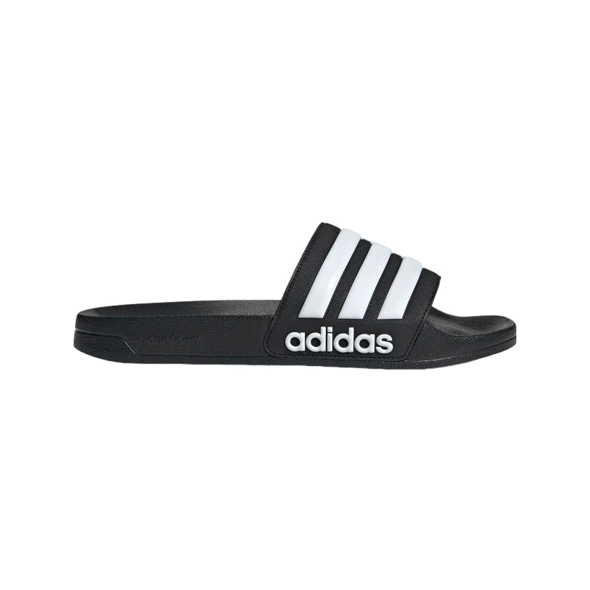 Ciabatte Adidas GZ5922 nere con strisce bianche, design unisex per mare e piscina