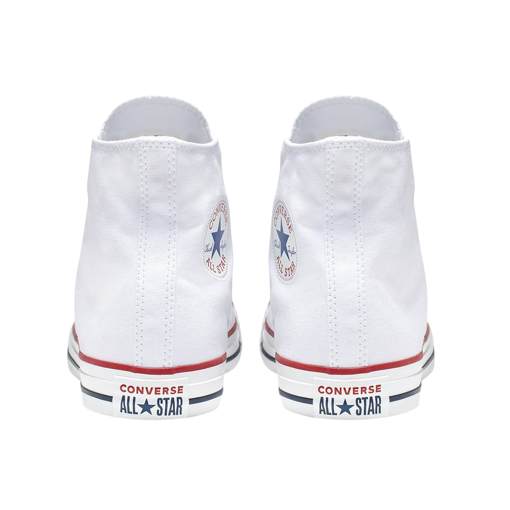 Dettaglio patch Chuck Taylor All Star M7650C sulla caviglia, sneakers bianche autentiche Converse, vista tallone