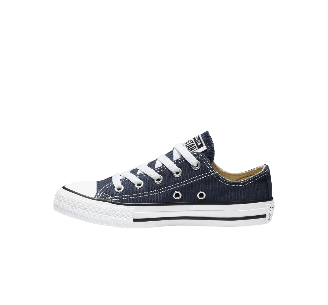 Profilo delle sneakers Converse All Star mostrando la silhouette classica bassa e il patch logo laterale distintivo.