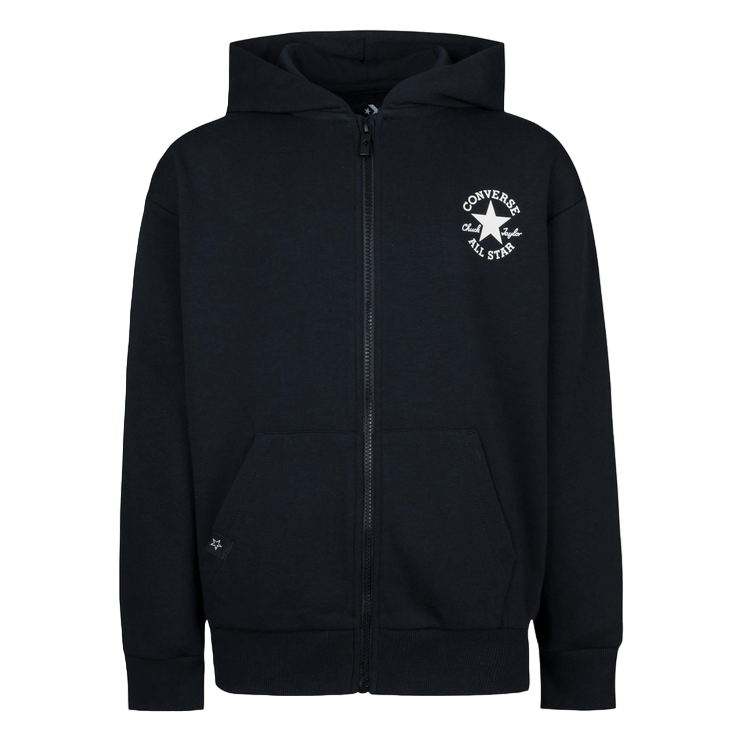 Felpa Converse 9CF391-023 nera con cappuccio e cerniera zip per bambino, hoodie in jersey confortevole con tasche a scivolo e taglio dritto per look casual sportivo, vista frontale
