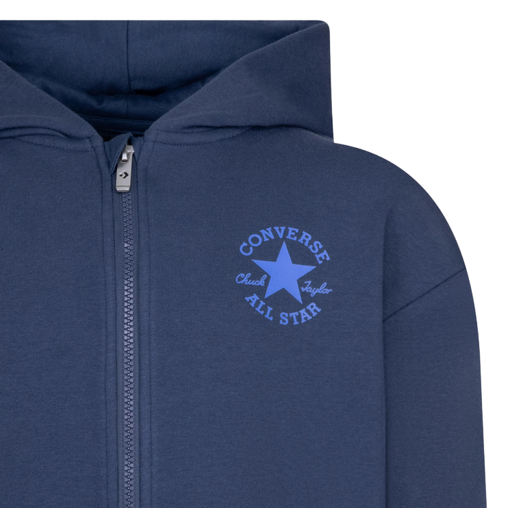 Felpa Converse Junior 9CF391-BFK blu con cappuccio e cerniera zip per ragazzi, hoodie in jersey confortevole con tasche a scivolo e taglio dritto per look casual sportivo, dettaglio logo