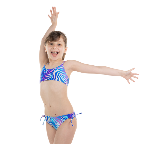 Costume bikini Aquarapid Laya blu per bambina due pezzi in tessuto Econyl ecosostenibile con stampa marina bioluminescente e top regolabile