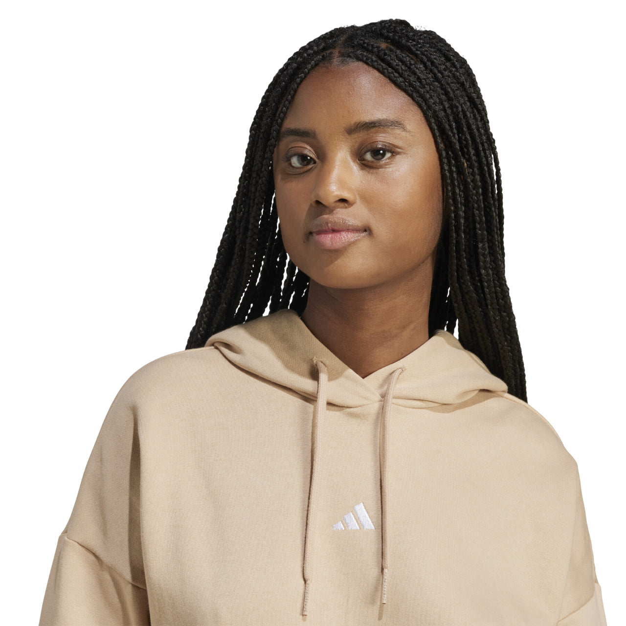 Dettaglio logo Adidas piccolo su felpa donna sabbia