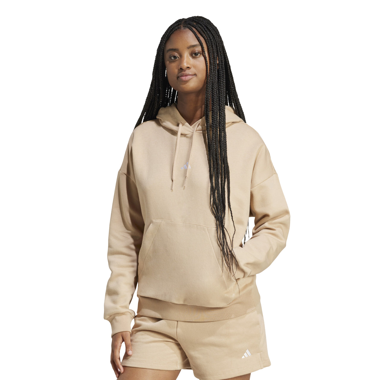 Felpa Adidas Essentials JV7310 sabbia donna con cappuccio, vista frontale