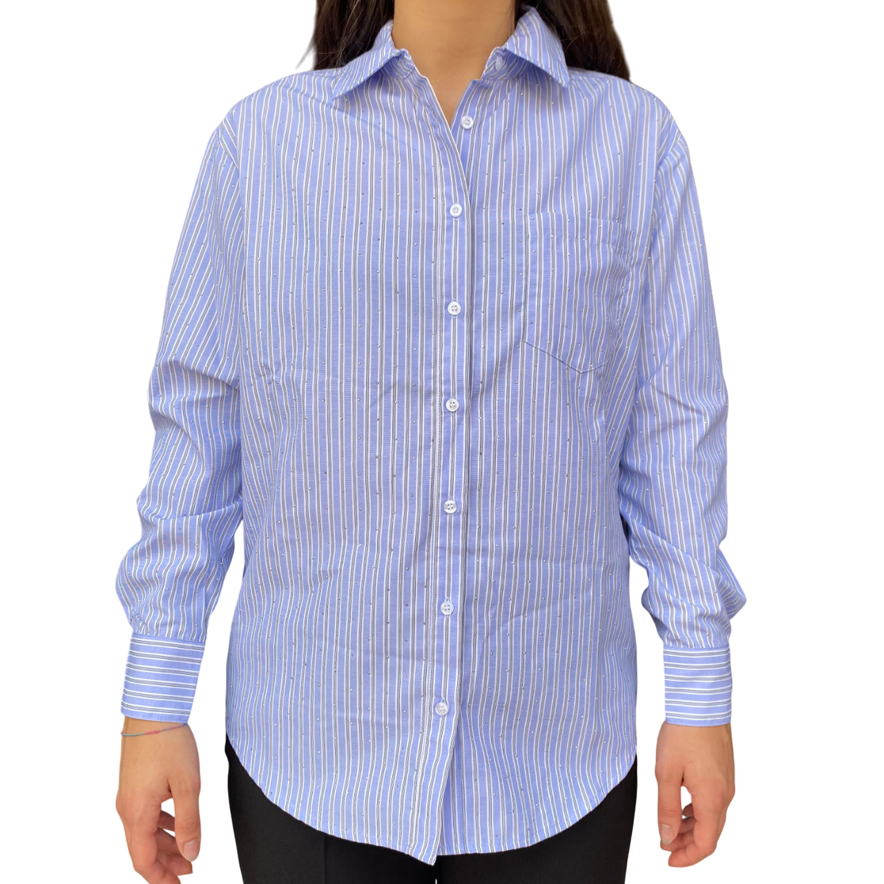 Gaudì Camicia Donna a Righe con Strass Celeste 521BD45001