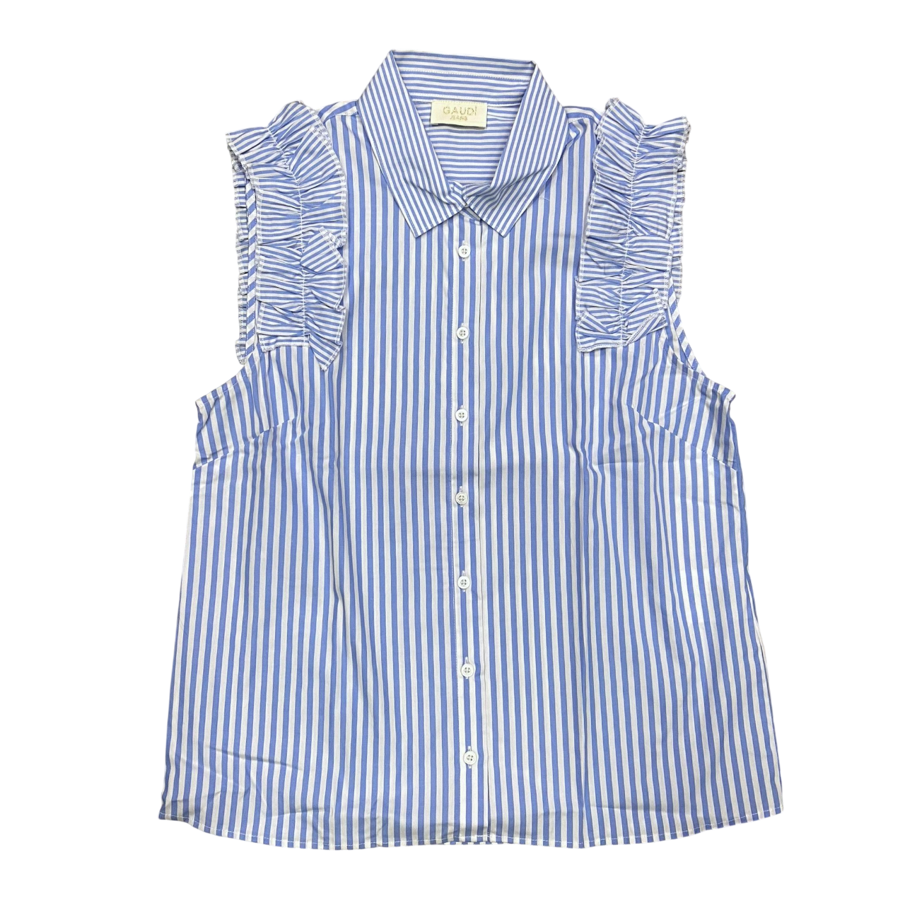 Gaudì camicia smanicata a righe da donna con rouches al giro spalla 511BD45003  bianco-celeste