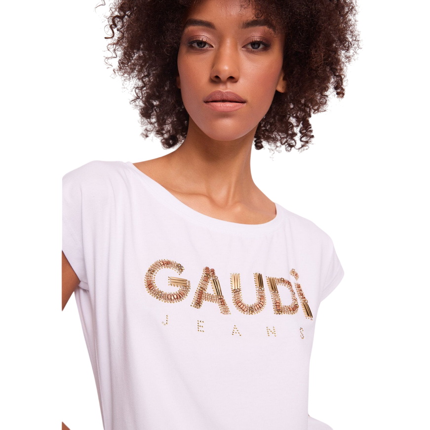 Gaudì maglietta manica corta da donna con logo in applicazioni metalliche 511BD64025 2100 bianco