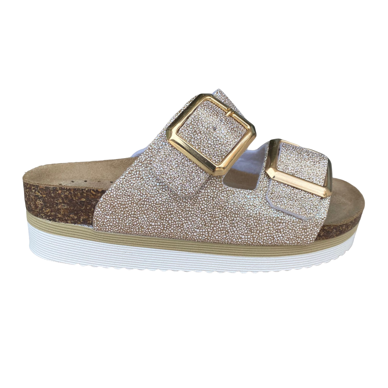 Goldstar ciabatta da donna sottopiede in pelle con 2 fasce glitterate e fibbia dorata GS4801QBK platino