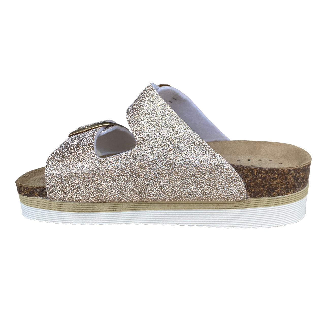 Goldstar ciabatta da donna sottopiede in pelle con 2 fasce glitterate e fibbia dorata GS4801QBK platino 1