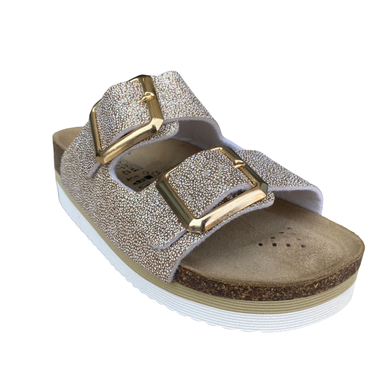 Goldstar women&#39;s slipper in leather insole with 2 glittery bands and golden buckle GS4801QBK platinum