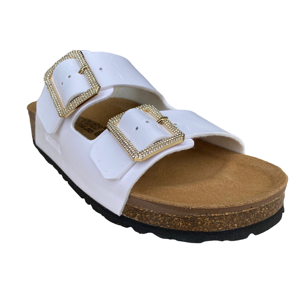 Goldstar women&#39;s slipper leather insole with 2 buckles with rhinestones GS31801QS white