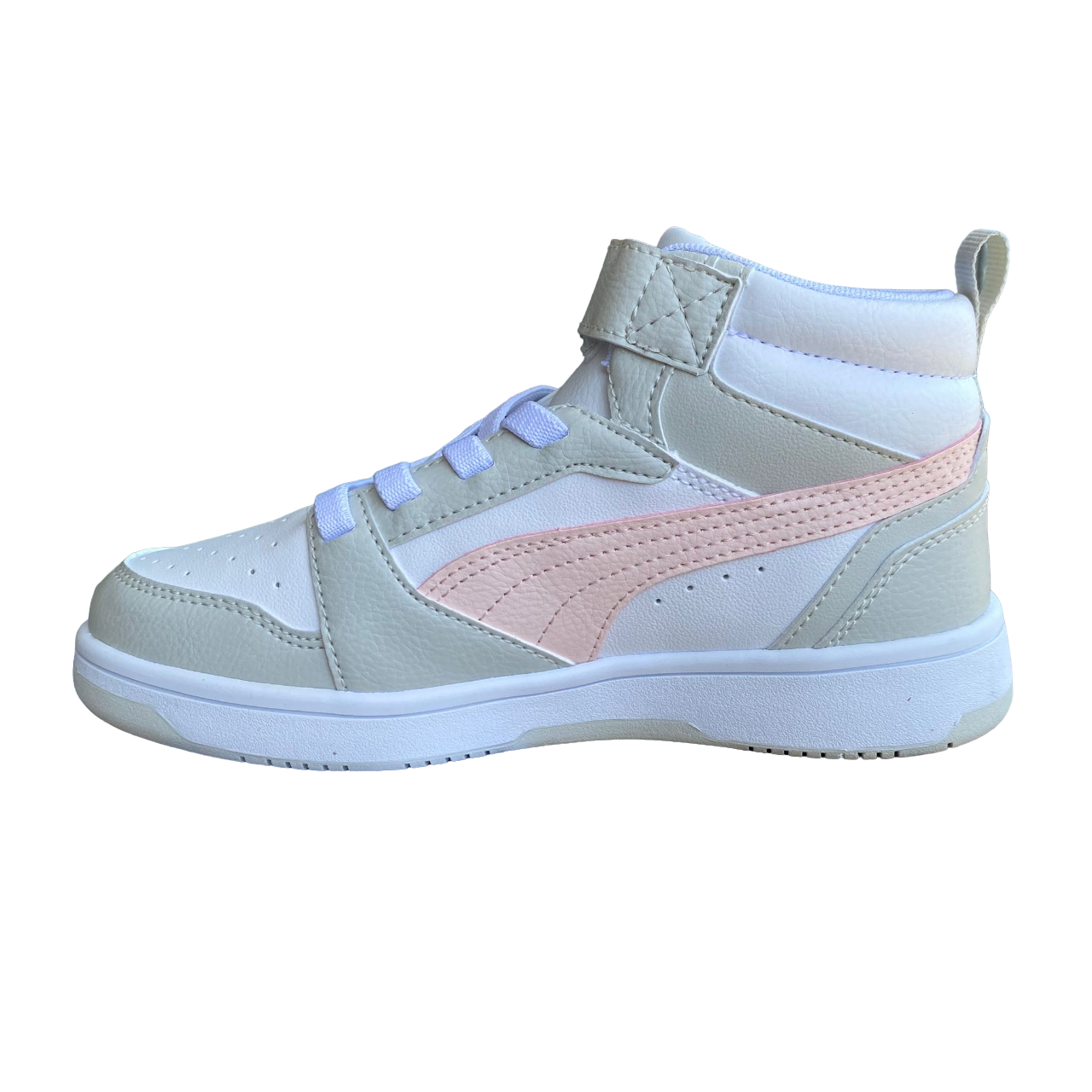 Puma girl&#39;s high shoe with lace and strap Rebound V6 AC+PS 393832-04 white-pink-grey
