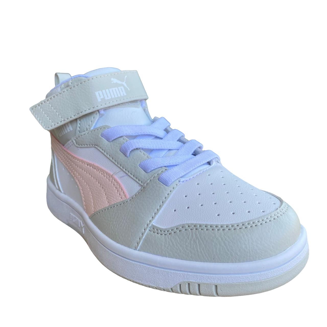 Puma scarpa alta da ragazza con laccio e strappo Rebound V6 AC+PS 393832-04 bianco-rosa-grigio