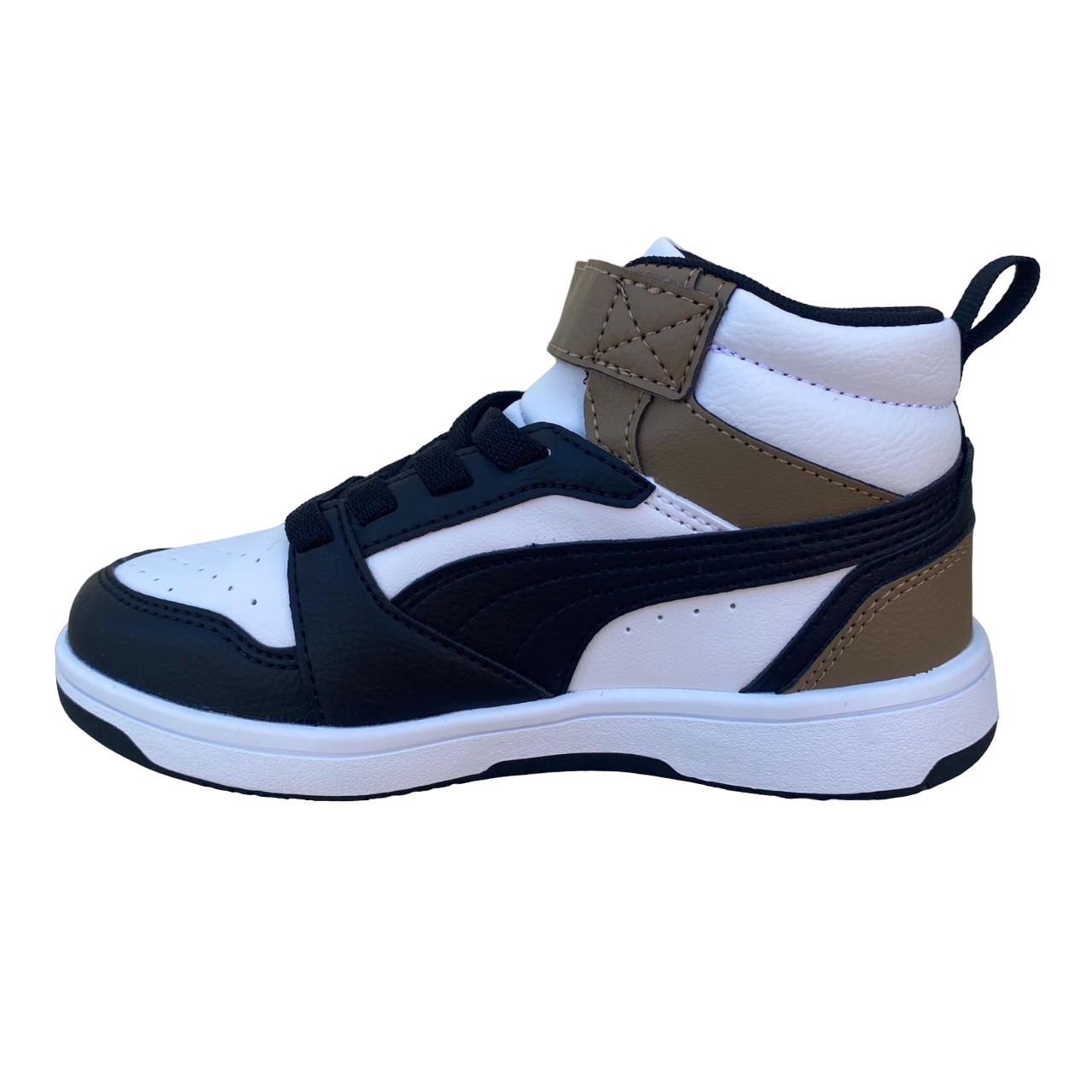 Puma boys&#39; high shoe with lace and strap Rebound V6 AC+PS 393832-08 white-black-chocolate