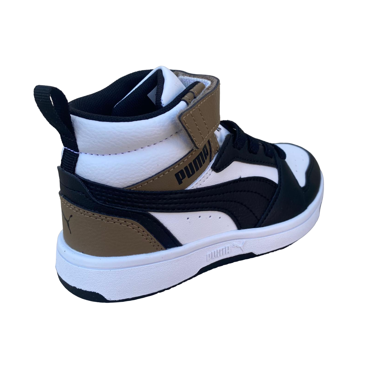 Puma boys&#39; high shoe with lace and strap Rebound V6 AC+PS 393832-08 white-black-chocolate