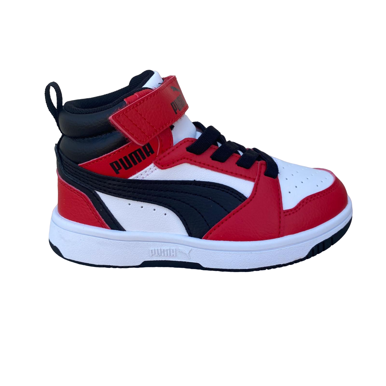 Puma boys&#39; high shoe with lace and strap Rebound V6 AC+PS 393832-03 white-black-red