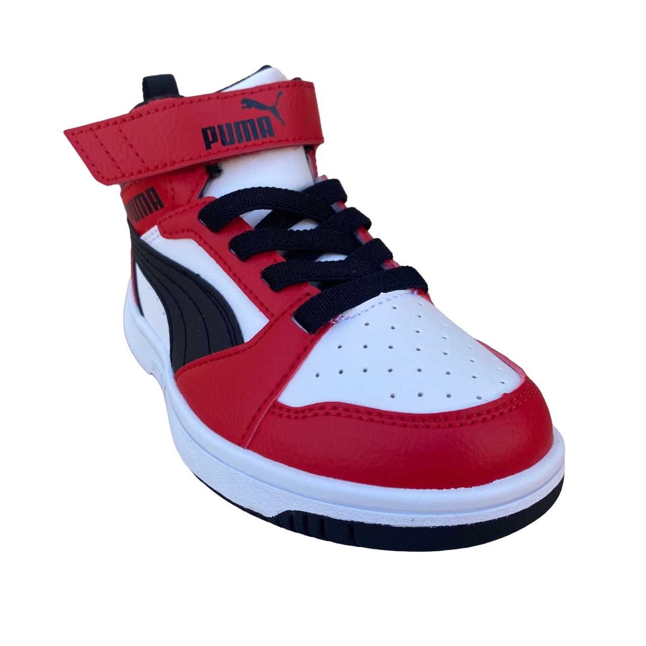 Puma scarpa alta da ragazzi con laccio e strappo Rebound V6 AC+PS 393832-03 bianco-nero-rosso
