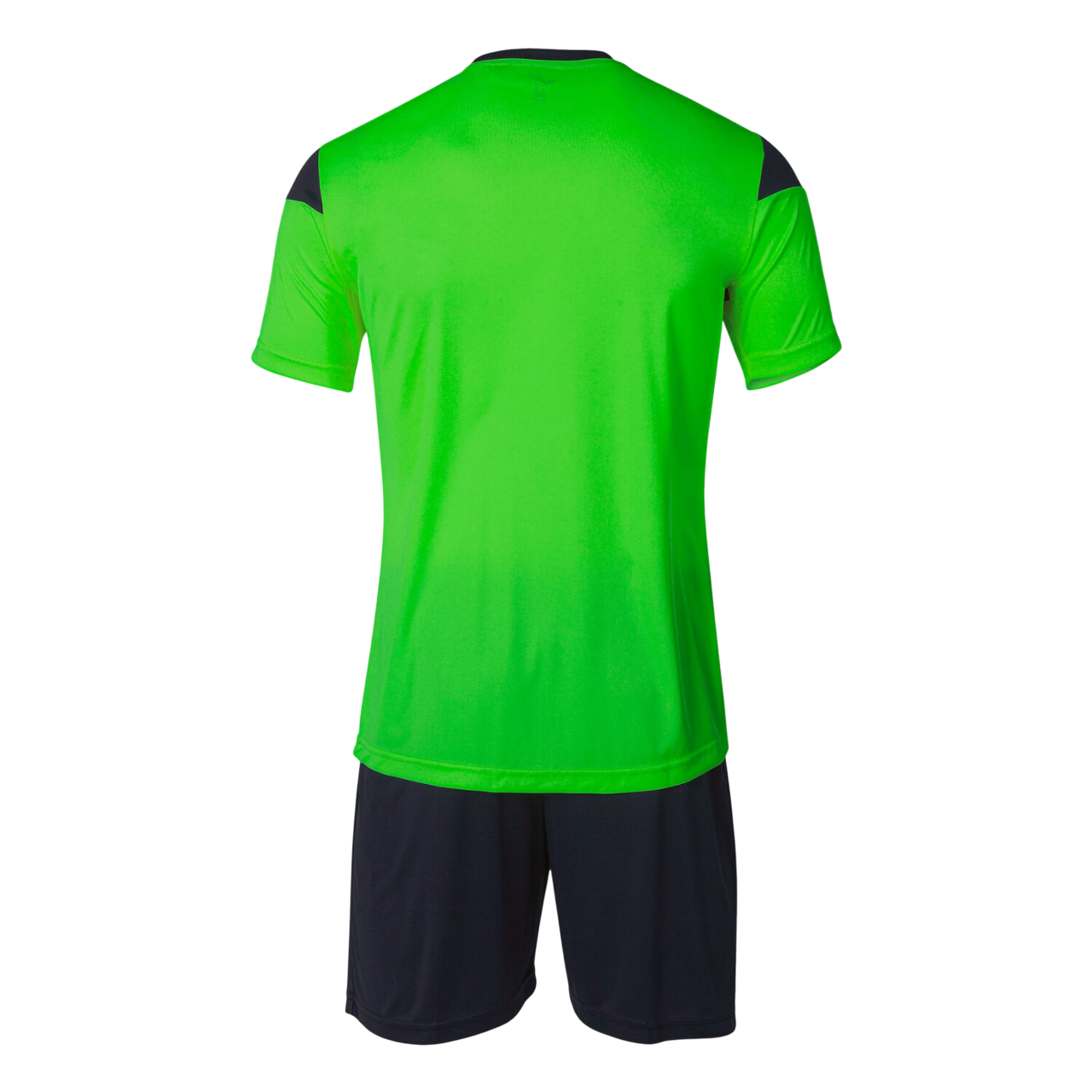 Completo sportivo Joma Phoenix Set uomo #102741.021 verde fluorescente e nero, t-shirt con collo rotondo e pantaloncino coordinato, tessuto tecnico traspirante