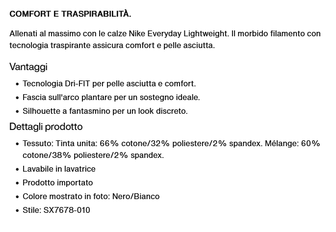 Nike Calze Fantasmini Traspiranti Everyday Training SX7678-010 Nero Set 3 Paia Originali scheda tecnica sportiamo