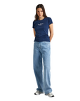 Pepe Jeans maglietta slim manica corta da donna con logo stampato New Virginia PL505202 595 blu