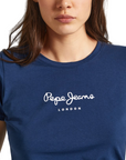 Pepe Jeans women's slim short sleeve t-shirt with printed logo New Virginia PL505202 595 blue