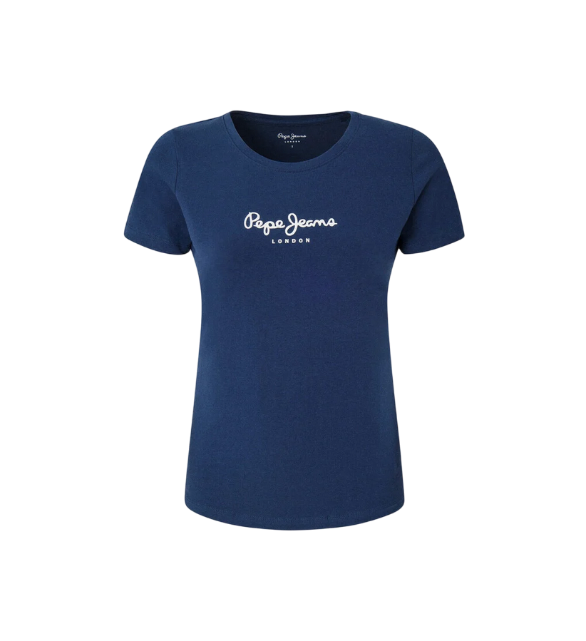 Pepe Jeans maglietta slim manica corta da donna con logo stampato New Virginia PL505202 595 blu