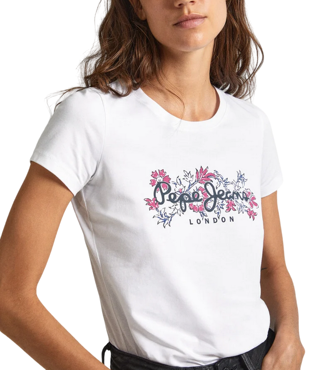 Pepe Jeans women&#39;s short sleeve t-shirt with Korina printed logo PL505834 800 white