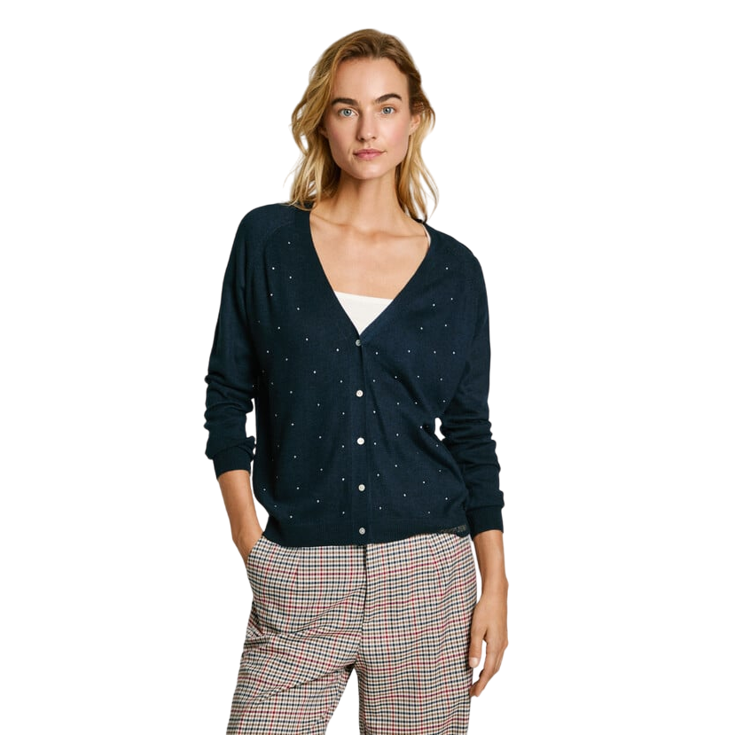 Pepe Jeans maglia cardigan da donna con borchiette Halo PL702186 594 blu