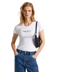 Pepe Jeans maglietta slim manica corta da donna con logo stampato New Virginia PL505202 800 bianco