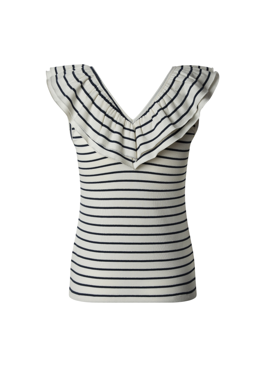 Pepe Jeans canotta con scollo a V in costine a righe con balza Valery PL506017 588 bianco-blu1