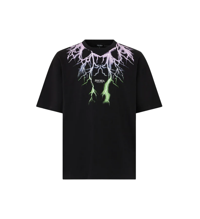 Phobia maglietta nera manica corta da uomo PH00539 stampa fulmini bicolore viola-verde