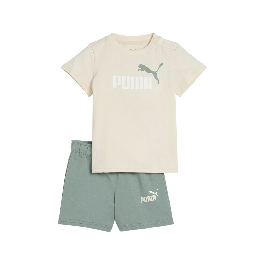 Puma completo da bambino maglietta e pantaloncino in cotone Minicats Essential 686285-87 panna-salvia frontale