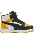 Puma scarpa alta da ragazzi con laccio e strappo Rebound V6 393832-19 bianco-nero-mandarino